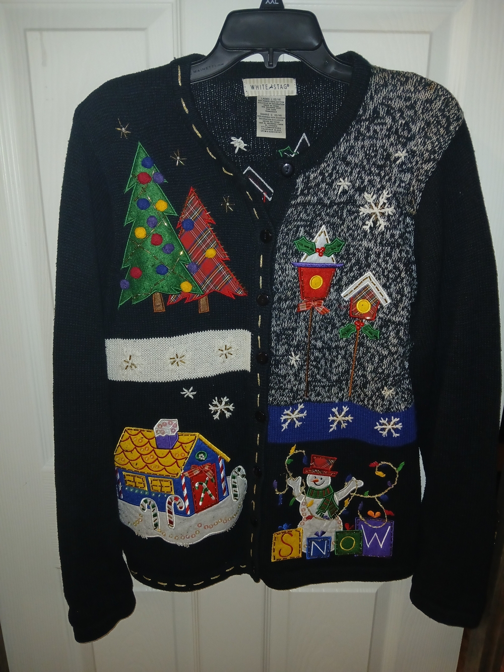 Vintage White Stag Festive Ugly Christmas Sweater Cardigan Womans Large Snowmen